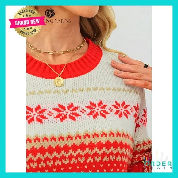 Festive Fair Isle Pullover Cozy Ribbed Knit Crewneck Holiday Sweater